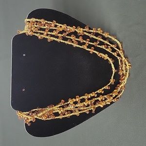 Beaded Sweater Necklace. Amber Plastic Beads. Delicate Gold Metallic Threads 47"